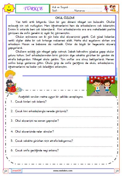 2. Sınıf Türkçe Okuma ve Anlama  Etkinliği ( Okul Özlemi )
